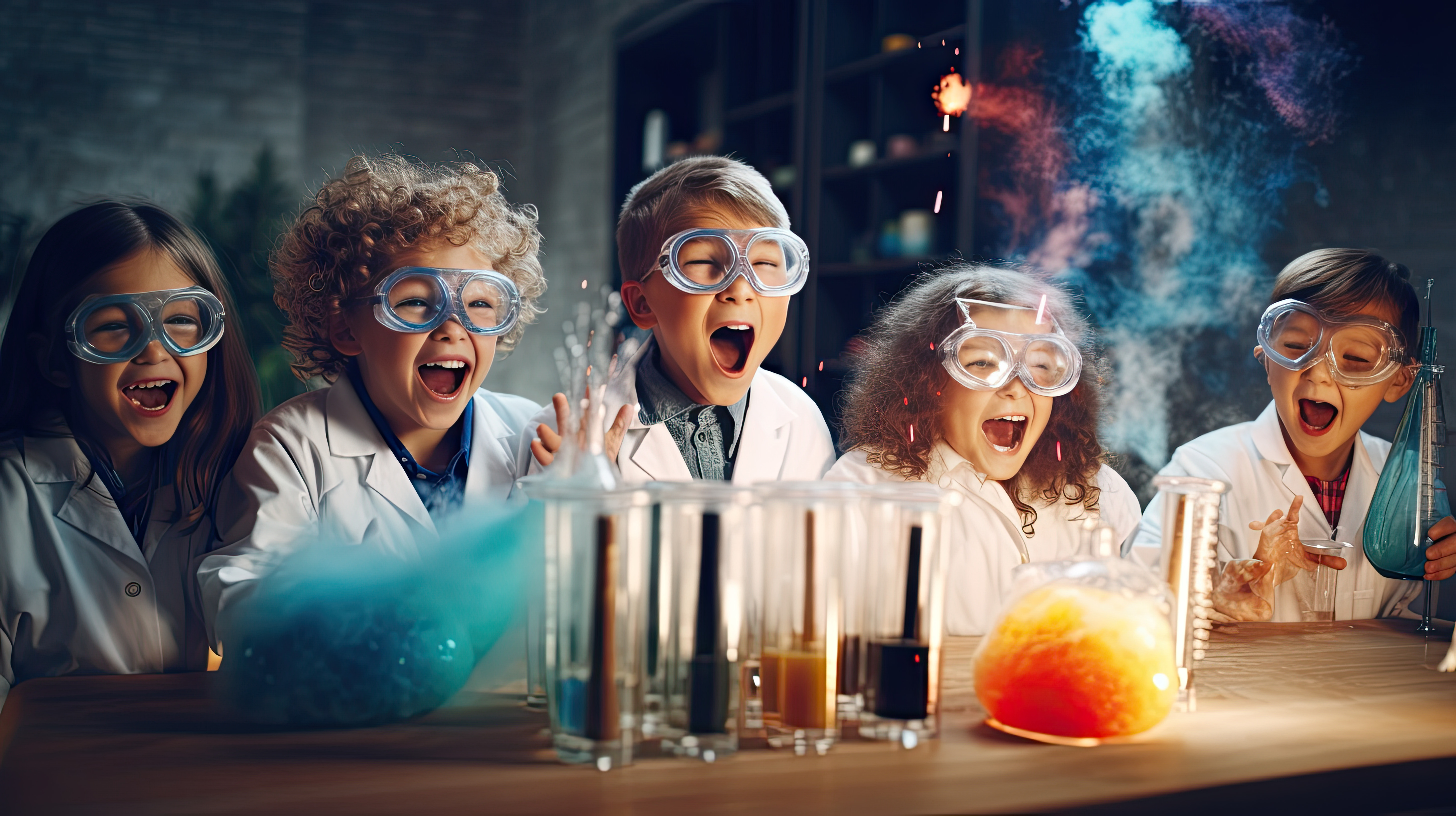 Image of 2 girls amd 3 boys wearing white lab coats and safety goggles smiling while looks at a table of science test tues and beakers.  One beaker contains orange liquid and smoke and another has blue smoke.  