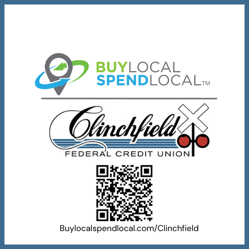 Buy Local Spend Local Clinchfield Federal Credit Union logo with QR code that links to buylocaspendlocal.com/Clinchfield